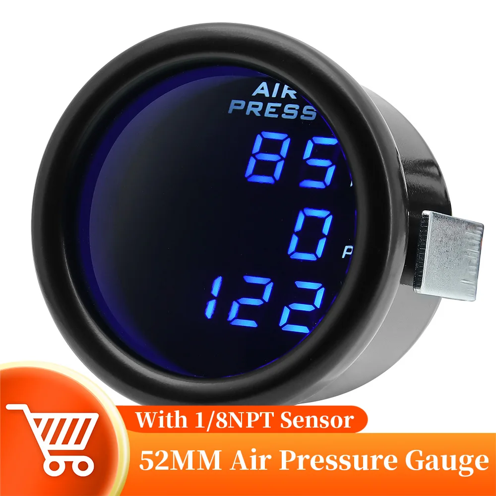 52MM Three Pressure Digital Display Air Pressure Gauge  Blue LED Backlight with 3pcs 1/8NPT Sensors for Car Truck