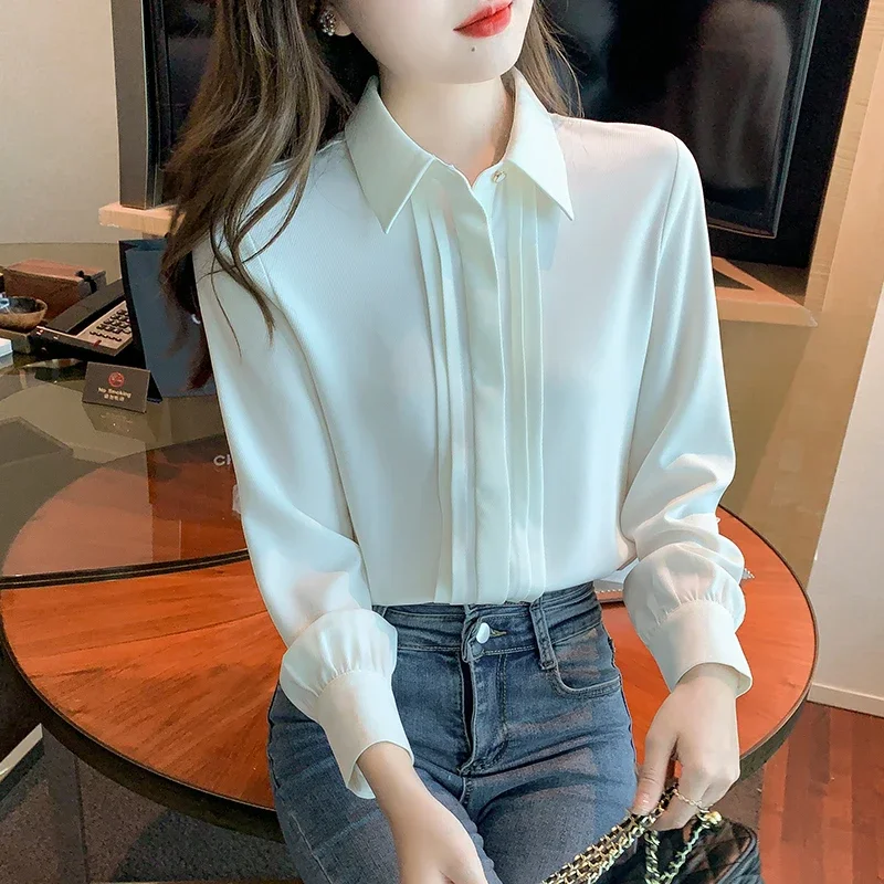Office Lady White Women's Shirts Fashion Chiffon Long-sleeve