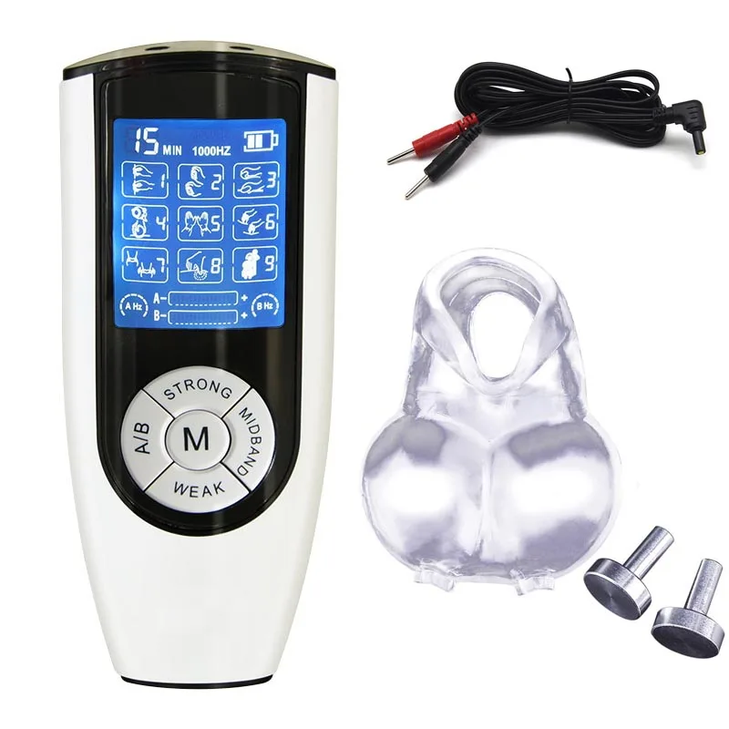 BDSM Electro Shock Scrotum Ring Sex Ball Stretcher Chastity Electric Shock Cock Cage Device Penis Stimulator Sleeve Male Sex Toy electro sex toys electric sex toys