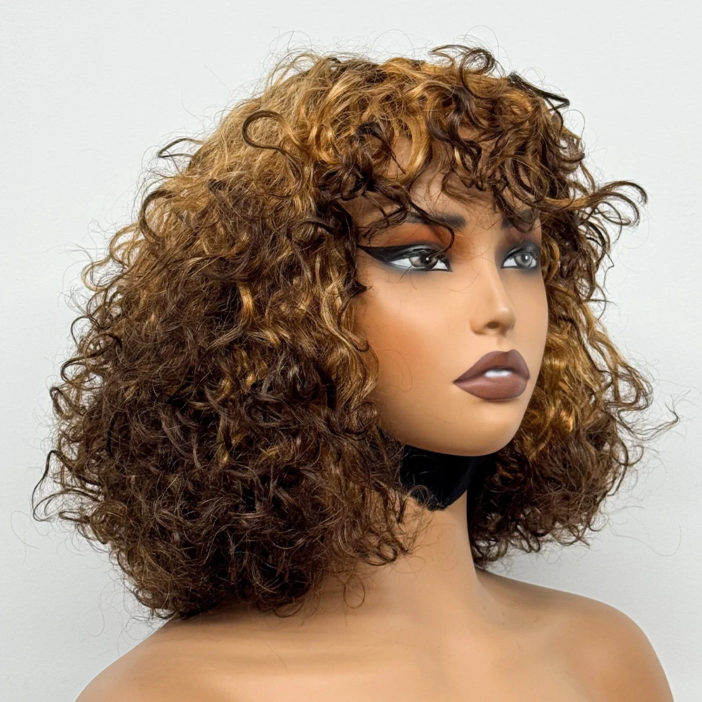 250% Density Water Wave Short Bob Human Hair Wigs With Bang Honey Blonde Ombre Color For Black Women Full Machine Made Wigs