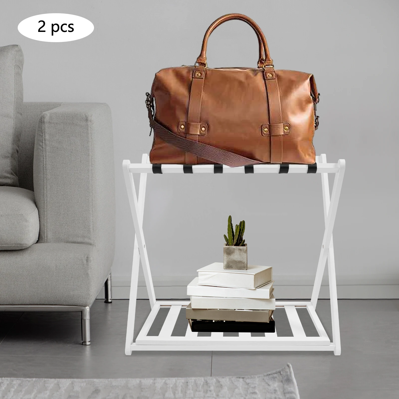 2 Pack Luggage Rack for Guest Room, White Bamboo Folding Luggage Rack for Bedrooms, Living Rooms