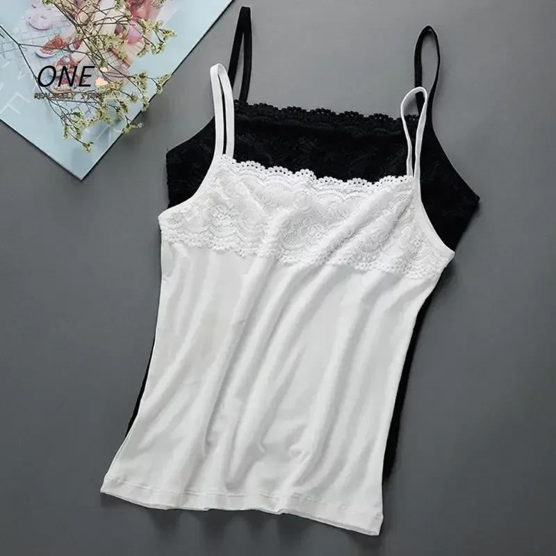 Women Basic Layer Sleeveless for Tank Top Scalloped Floral Lace Splicing Chest Slim Camisole Stretchy Spaghetti Strap Solid