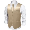 4Pcs Men's Champagne Satin Solid Suit Vest with 8cm Neck Tie Handkerchief Cufflinks for Wedding Prom Groom Waistcoat Clothing 1