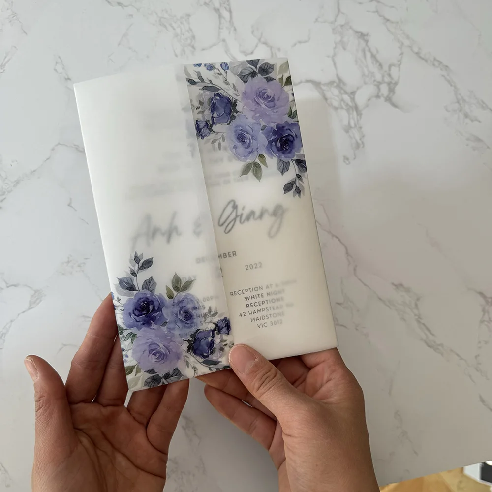 Purple flower Vellum Wrap 5 x 7 Wedding Invitation wedding invitations flower vellum wrap