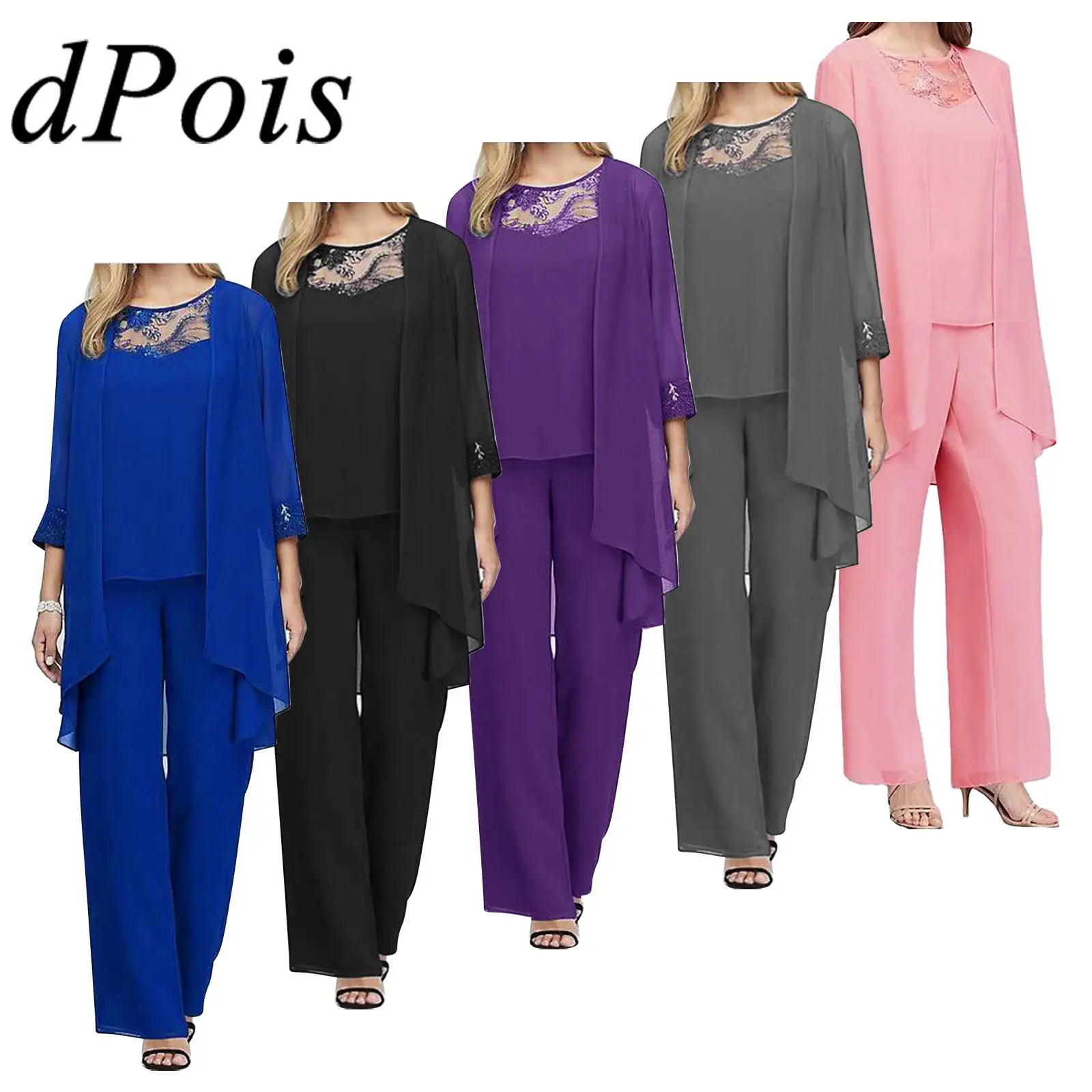 Womens Party Chiffon 3-Piece Outfits Tank Top 3/4 Sleeve Draped Cardigan And Straight Pants Suit Woman's Clothes Sets