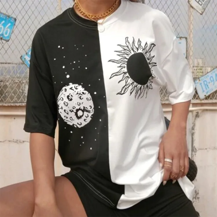 Camiseta blanca y negra con estampado de Luna y para mujer, remera holgada de gran tamaño de Hip Camiseta estampada manga corta, de calle para mujer, Top de