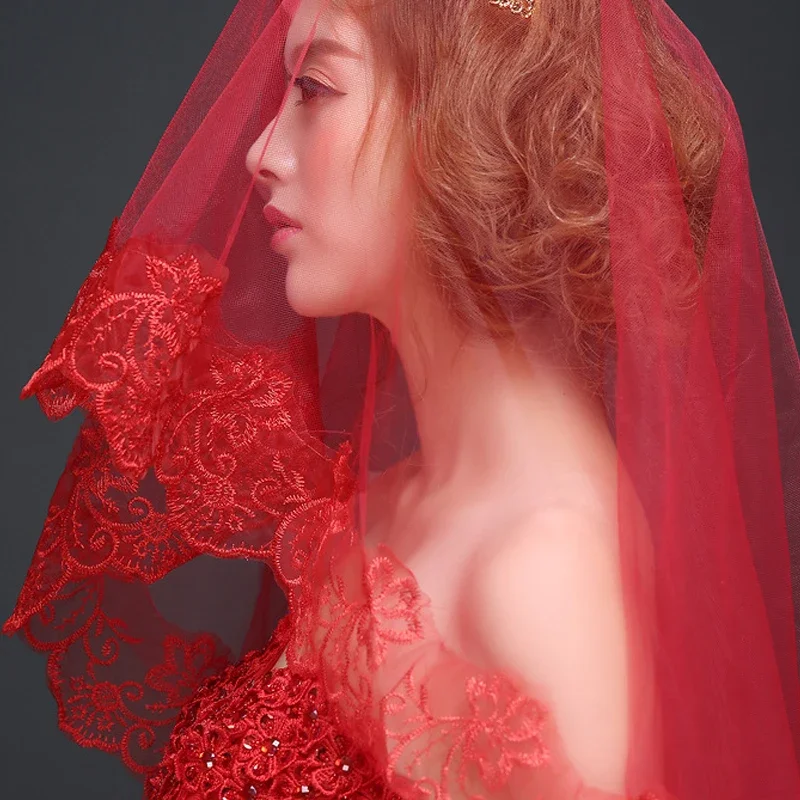 Red Wedding Veils 1.5M Bridal Veil Lace Edge Wedding Accessories Hair Accessories Decoration Mariage Party