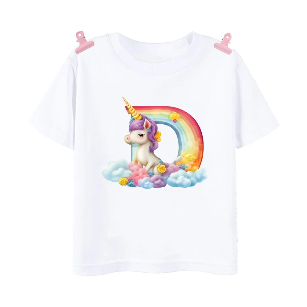 Unicorn Rainbow Initial A-Z Printed Kids Shirt Child Summer T-shirt Boys Girls Short Sleeve Tops Clothes Cute Toddles Outfit Tee 5