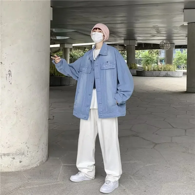 트렌디한 루즈핏 남성 데님 재킷 봄 가을 한국 홍콩 스타일을 위한 다용도 캐주얼 가디건