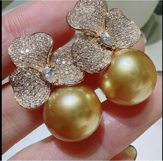 Splendidi Orecchini Aaaa + Huge11-12Mm True Natural Round South China Sea Gold Pearl 925