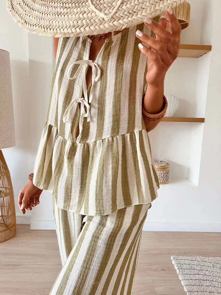 Summer Women's Sleeveless Casual Style Polyester Material New Fashion Striped Front Open Vest Top Wide Leg Casual Pants Set