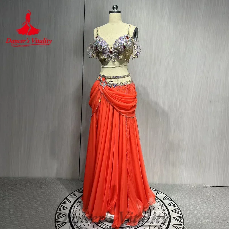 

Bellydance Costume Senior AB Stones Bra+Light Luxury Rhinestone Chiffon Long Skirt Suit Oriental Dance Performance Costumes