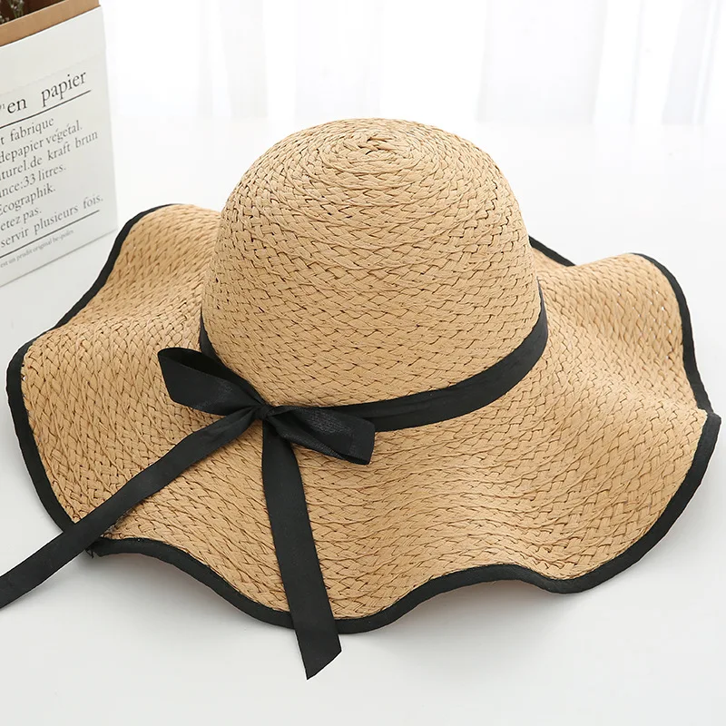 New Fashion Wide Brim Straw Hat for Women Long Ribbon Ladies Beach Hats Fashion Dress Up Children Summer Sun Visor Caps
