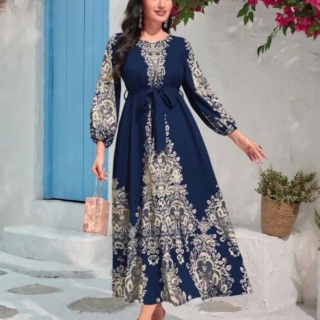Muslim Dress Fahsion Long Dress Dubai Turkey Women's Autumn 2023 New Printed Foreigner Bubble Sleeves Dress Women Clothing