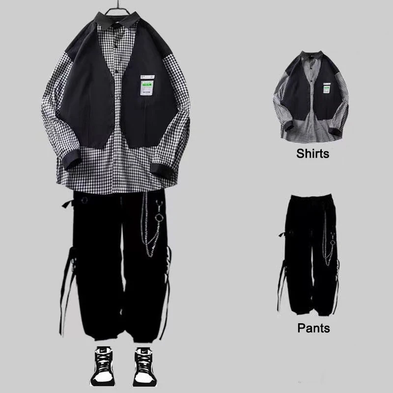 

ARENS Plaid Splicing Fake Two Pieces Casual Streetwear Shirt Ribbon Chain Pants Harajuku Cargo Pants 2 Piece Sets Men Outfits