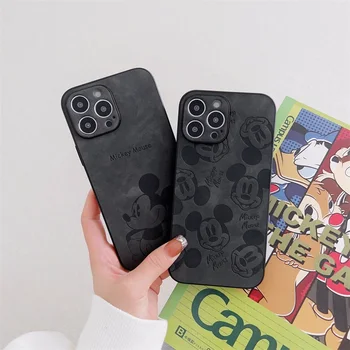 귀여운 애니메이션 미키 마우스 양각 가죽 아트 만화 전화 케이스, 아이폰 15, 14, 13, 12, 11 프로 맥스, Xr 미니, X, 8 플러스용 후면 커버