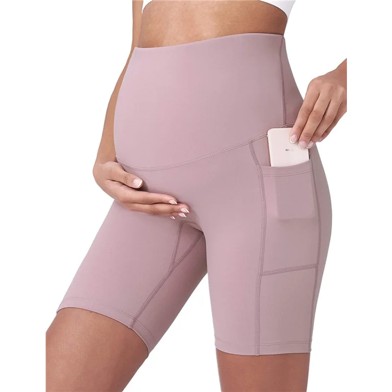 Pregnancy Mama Yoga Shorts Women Maternity Running Pants with Pockets High Waist Leggings Workout Fitness Sportswear Casual