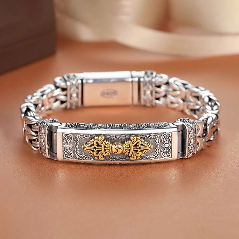 

Style Domineering Retro 925Silver Bracelet Gift Hand Woven Double Rows Row Square Chain Vajry Pestle Bracelet Male Party Jewelry