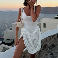 OMSJ 2026 Irregular Hem Design Party Holiday Mini Chic Dresses For Women Solid Color U Neck Straps Draped Casual Sexy Tank Dress - Image 3
