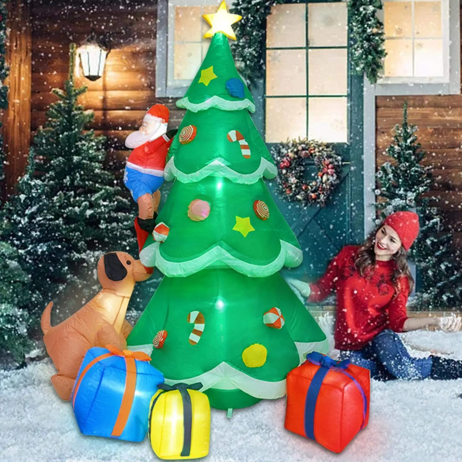

2.4m Inflatable Santa Claus Christmas Tree with LED 8ft Giant Gifts Star Light for Outdoor Inflatable Christmas Decorations