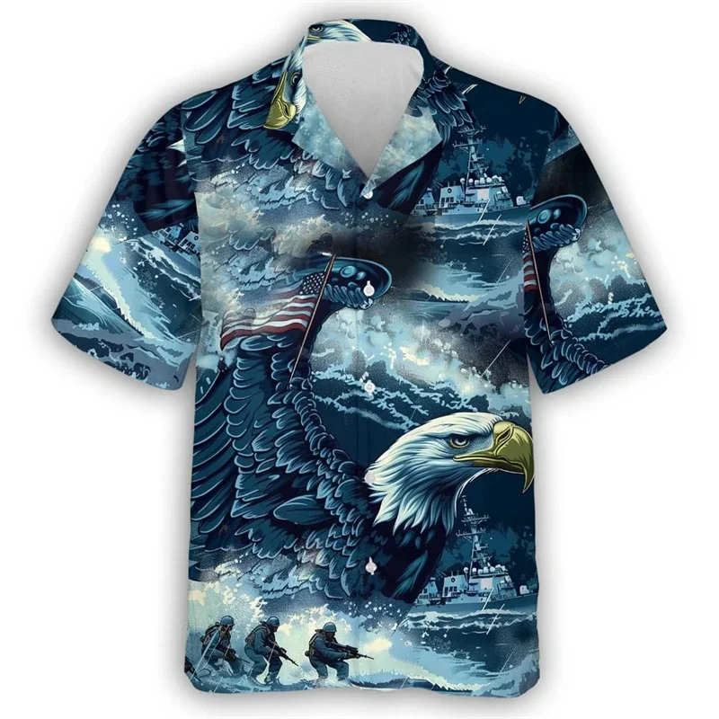 thumbnail image 1 of Camisa hawaiana con estampado 3D de águila y ganado para hombre, diseño gratuito de soldado con bandera de EE. UU., camisas hawaianas con solapa informal, blusa de manga corta, 1 of 5