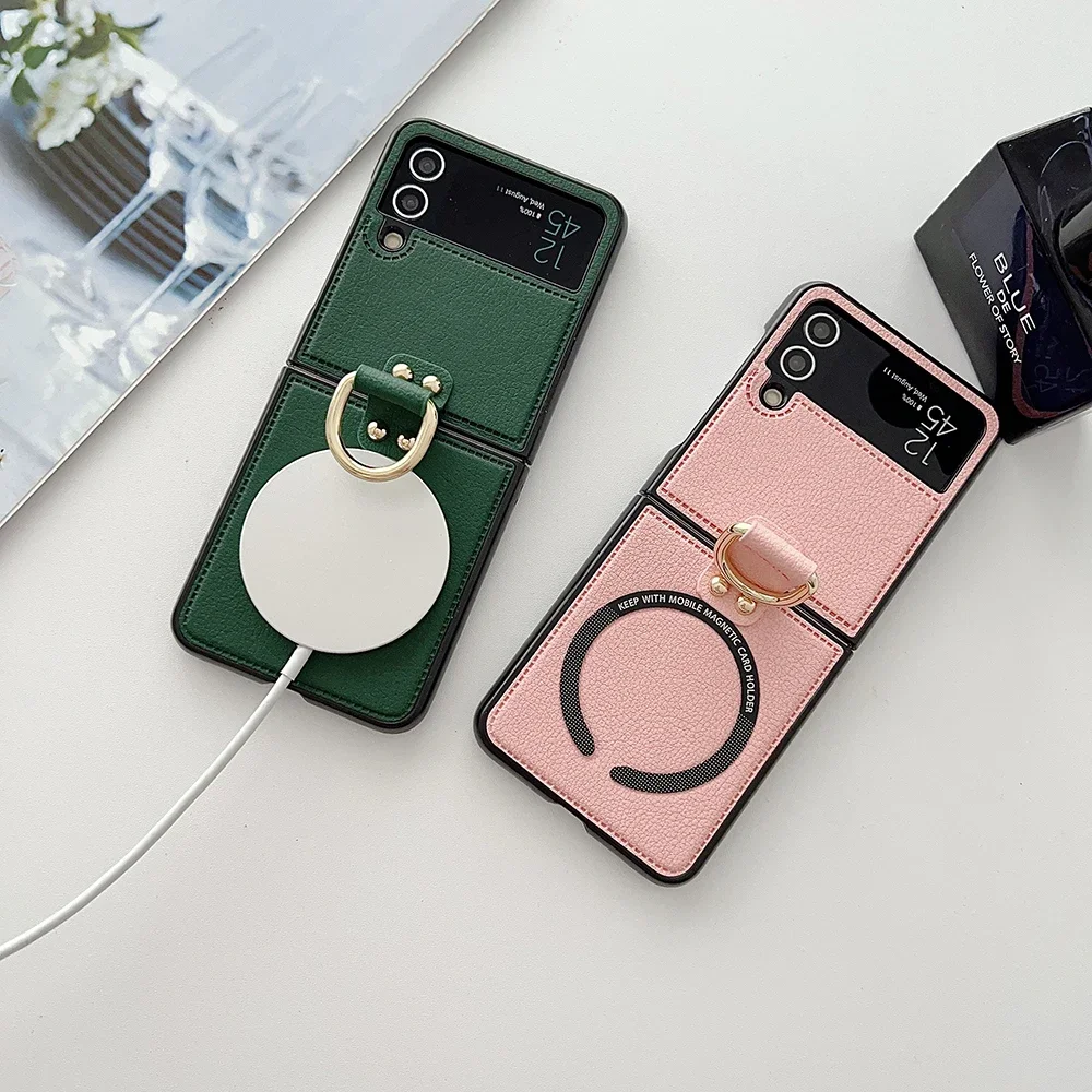 Premium PU Leather Magnetic Phone Case with Ring Holder and Magsafe Wireless Charging Compatibility
