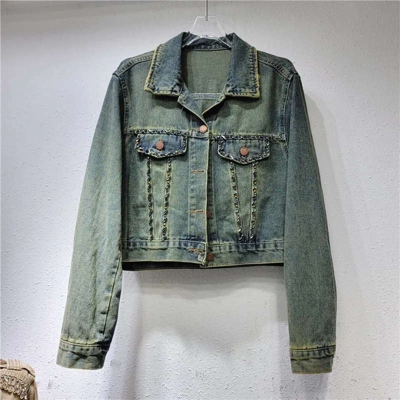 

Harajuku Vintage Washed Blue Short Denim Jacket Spring Autumn Casual Lapel Long Sleeve Female Jeans Jacket Coat Chaqueta Mujer
