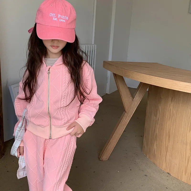 

Korean Spring Suit For Girls Pink Knitted Cardigan Hoodie Coat+Flared Pants Autumn Two Piece Set Girl Top And Bottom Clothes Set