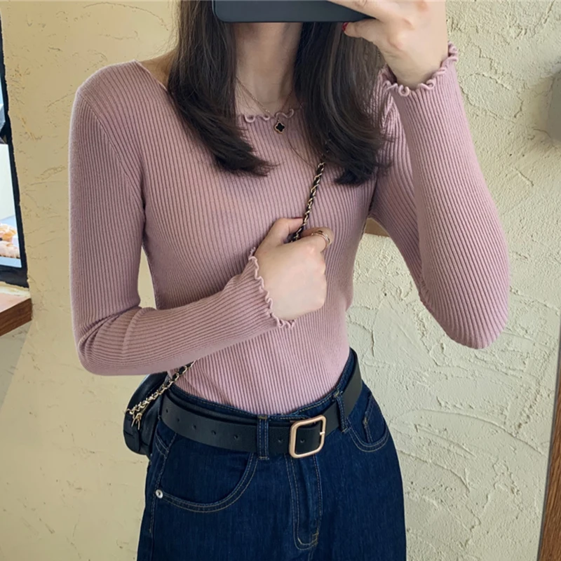 O-Neck Ruched Women Sweater High Elastic Solid 2022 Fall Winter Fashion Sweater Women Slim Sexy Knitted Pullovers Pink White cute sweaters Sweaters