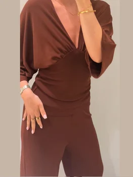 V-neck Waist Cinching Pleated Top Pants Suits Women Sexy Long Sleeves Slim Tops Lace Up Strench Wide Leg Trousers Chic Lady Sets 1