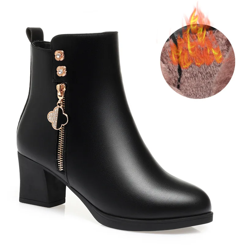 Women Boots Women Winter High Heels Zipper Shoes Genuine Leather High Heeled Ankle Boots Thick Plush Winter Women's Snow Boots