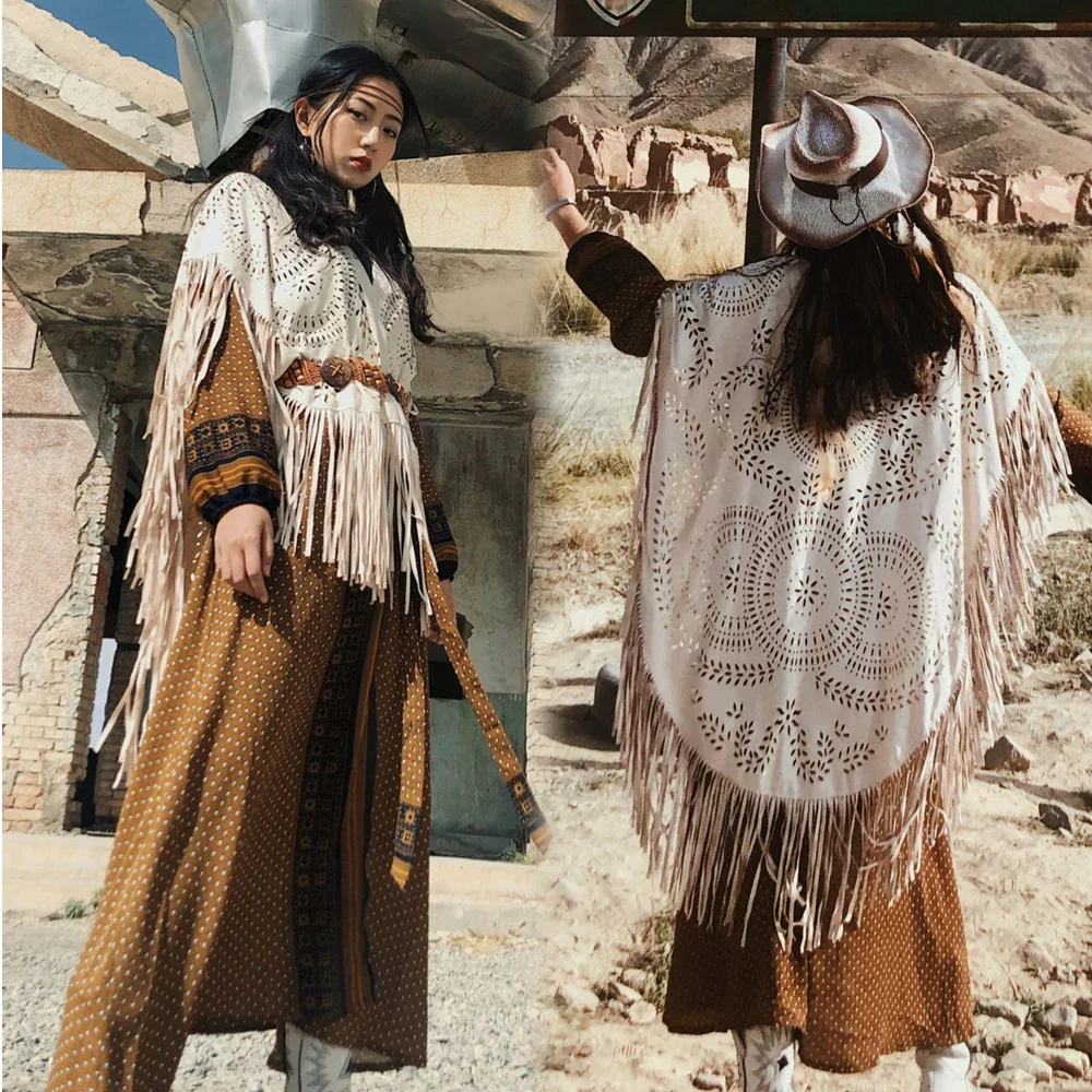 2024 Fashion Summer Long Women's Cape Shawl Open Poncho Elegant Suede Tassel Retro Simple Multicolor Dropshipping