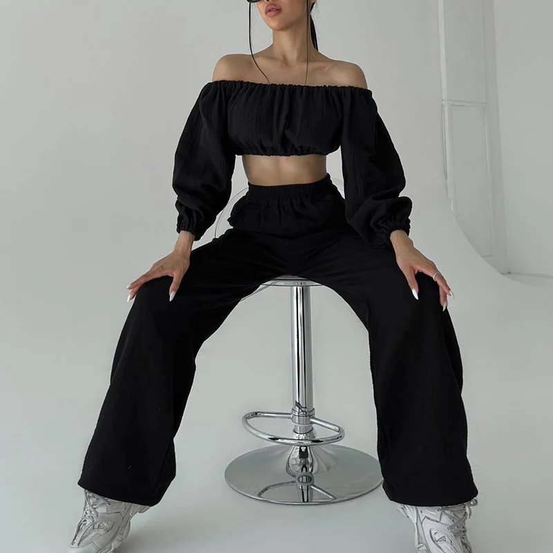 Slash Neck Off Shoulder Cropped Tees Tops Summer Ladies 2 Piece Pants Set Long Sleeve Solid Cotton Loose Casual Women Clothing