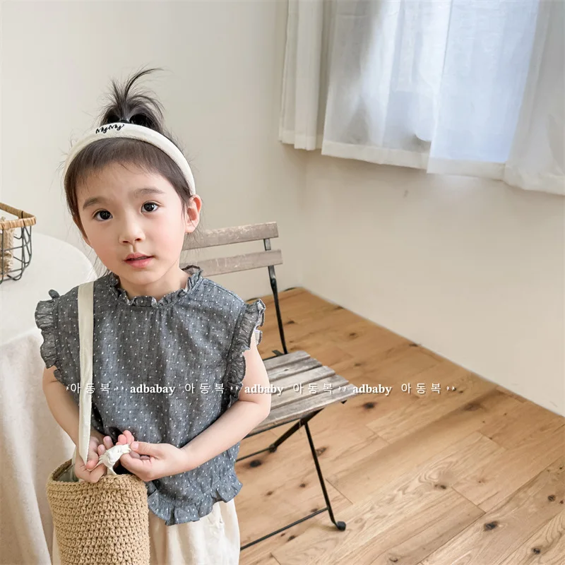 

Korean Style 2023 Summer New Baby Girls Sleeveless Plaid Shirts Kids Clothes Ruffles Vest Tops Fashion Toddlers Children Blouses
