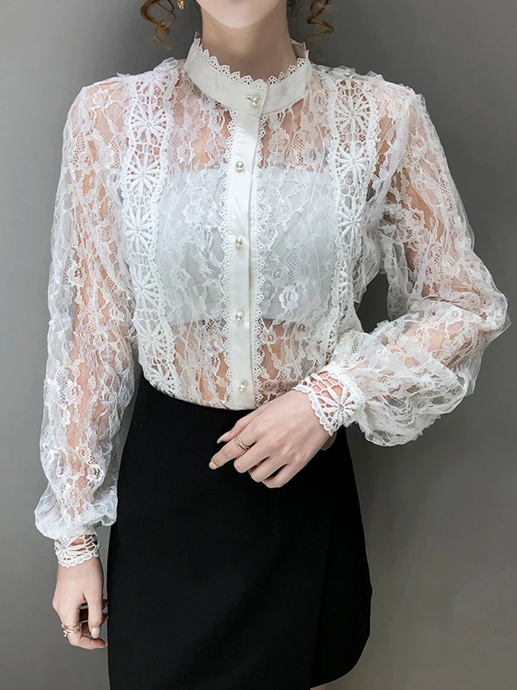 QOERLIN White Blouse Female Elegant 2023 Crochet Transparent Hollow Out Lace Shirts Tops Women Lantern Sleeve Button Up Shirts
