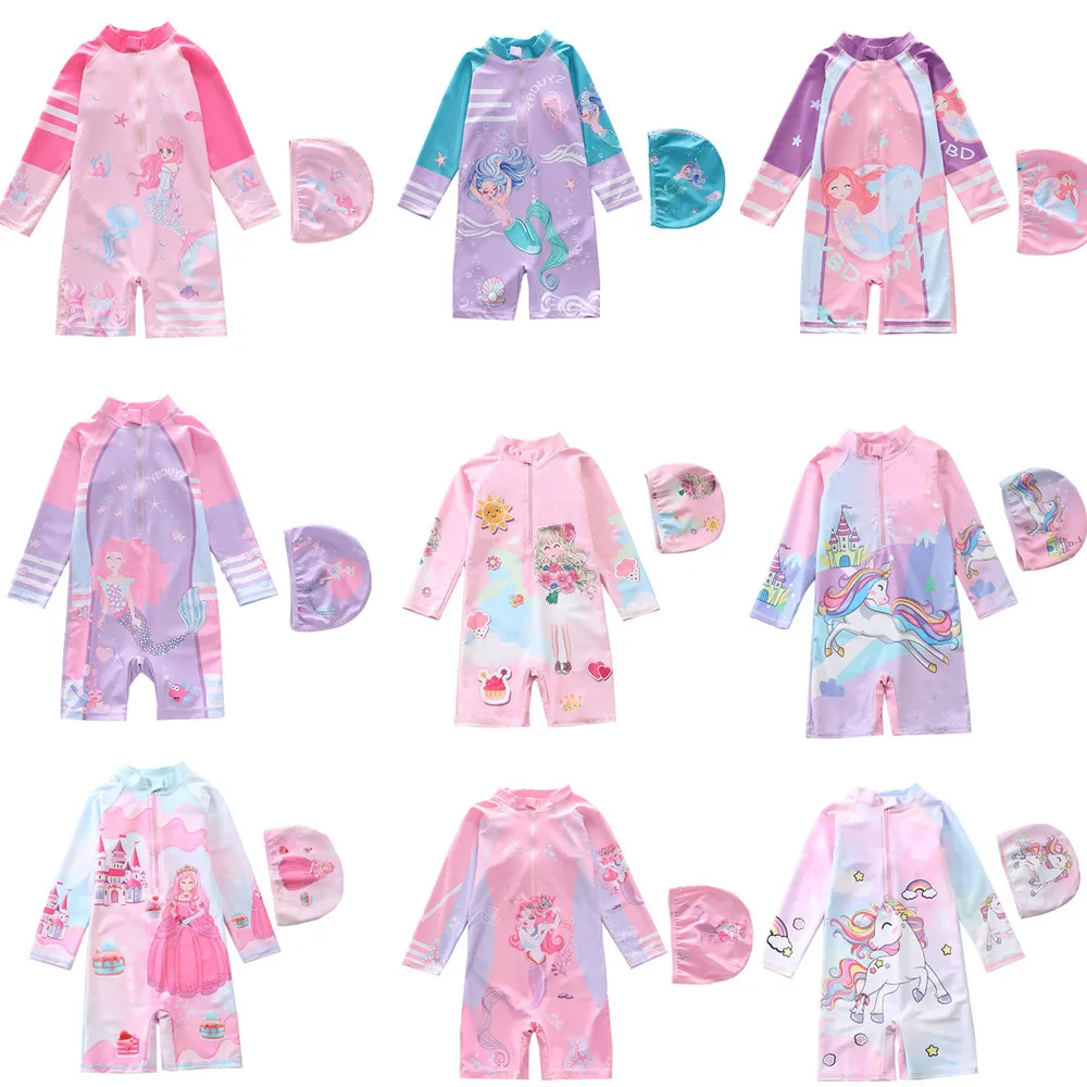 

HappyFlute Cute Prints Long Sleeve Vacation Beach Surf With Sun Protection Cute Style Girls Swimsuit