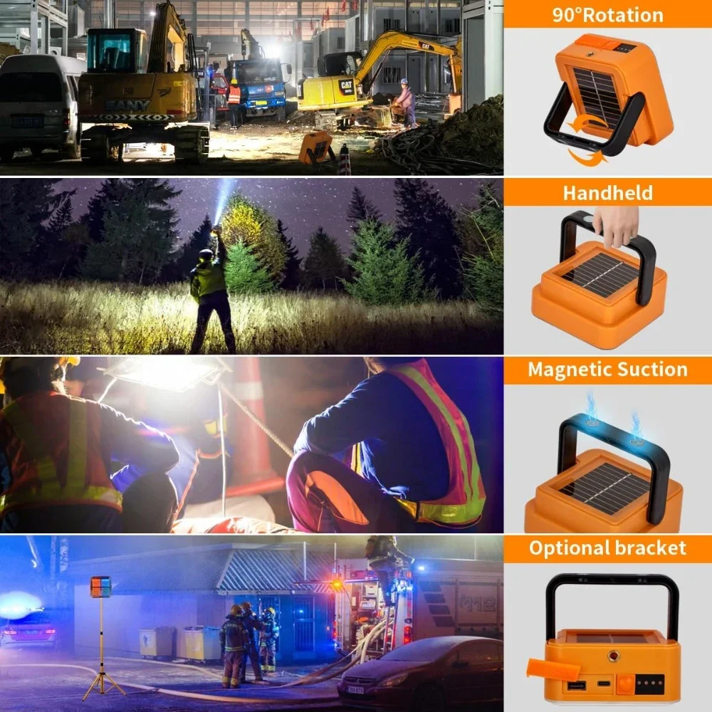 Portable Solar LED Work Light Magnetic Rechargeable Flood Light Sos Power Bank Function for Camping Job site Lighting Emergency