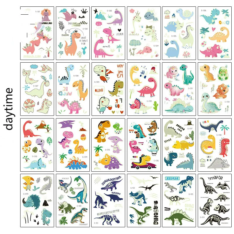 Luminous Dinosaur Kids Tattoo Stickers Cartoon Fun Glowing Stickers Temporary Face Arm Leg Child Body Art Decoration
