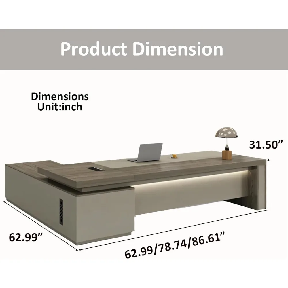Modern Wood L-Shape Executive Desk with Storage, Home Office Desk with Wood Sled Base, LED and Cable Management 2