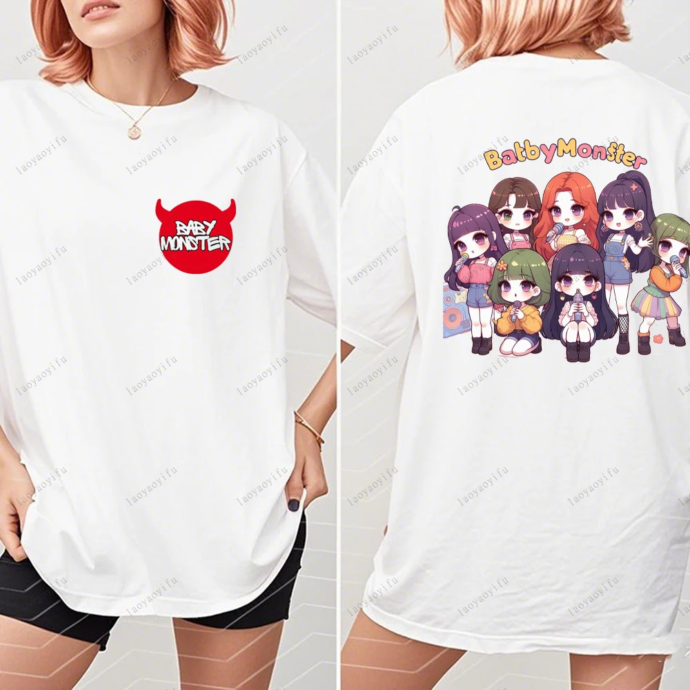 L 白 Tシャツ babymonster ソウルコン ベビモン 韓国 BABYMONSTER Kpop Band T-shirt Korean Fashion Summer Printing