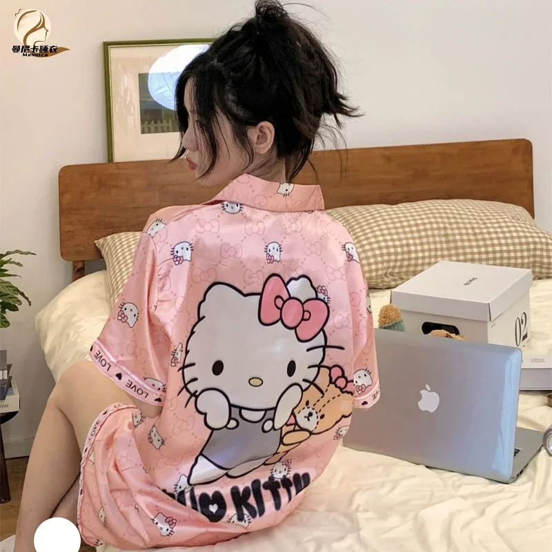 

Новая Милая Аниме пижама Hello Kitty для женщин летние шорты из вискозы с коротким рукавом Розовая домашняя одежда из двух частей