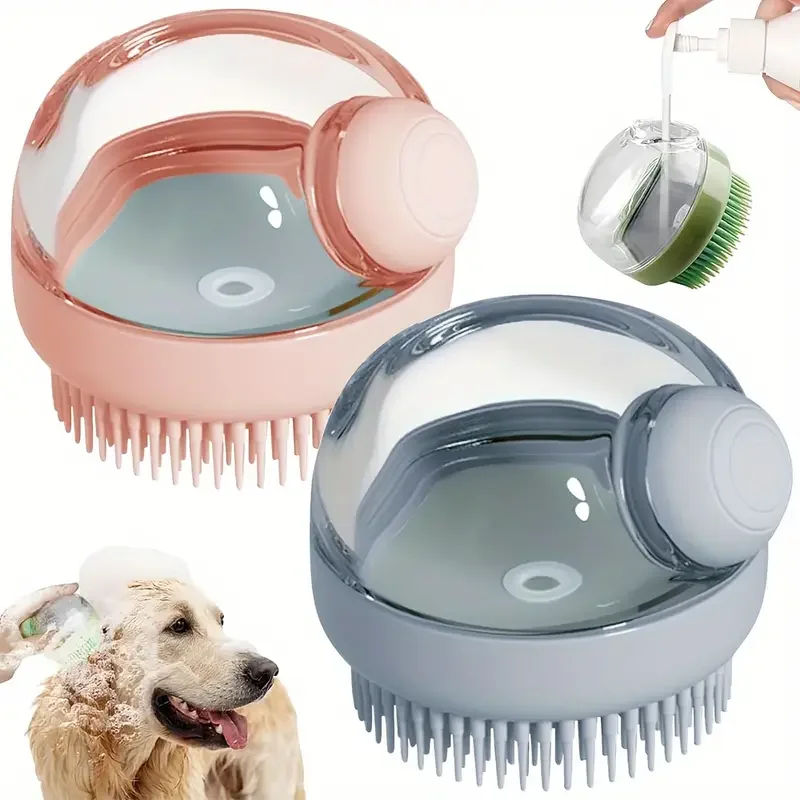 1 pcs dog bath brush with soap dispenser silicone bristle pet grooming massage shampoo brush for long short haired dogs and cats uncharged plastic bathing tool details 0