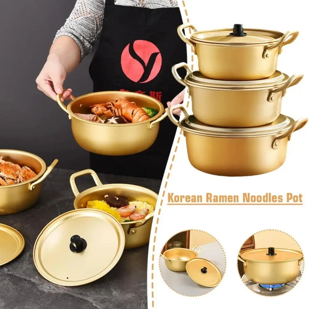 Gold Ramen Noodle Pot Aluminum Easy To Clean Soup Hot Pot Universal Double Ears with Lid Noodle Cooking Induction Cooker Gas