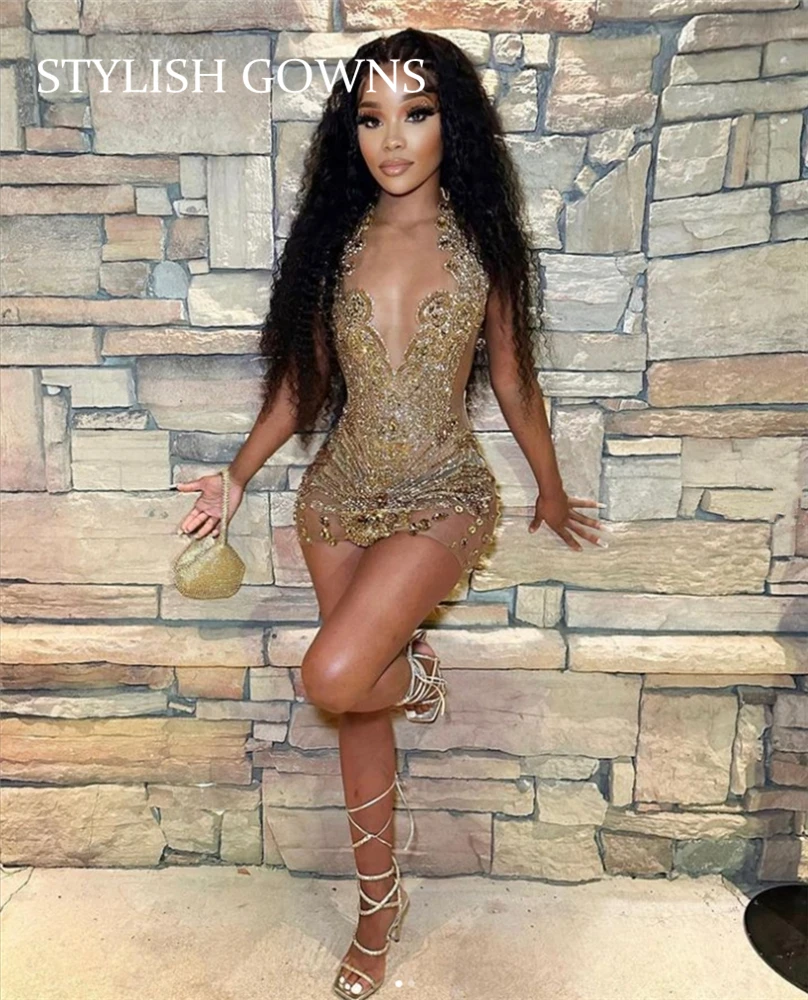 Sparkly Gold Sheer O Neck Short Prom Dress For Black Girl Beaded Crystal Diamond Birthday Party Dresses Mini Cocktail Homecoming 2021 velvet mermaid short prom dress sexy tassel crystal beaded evening party dresses mini cocktail homecoming african birthday