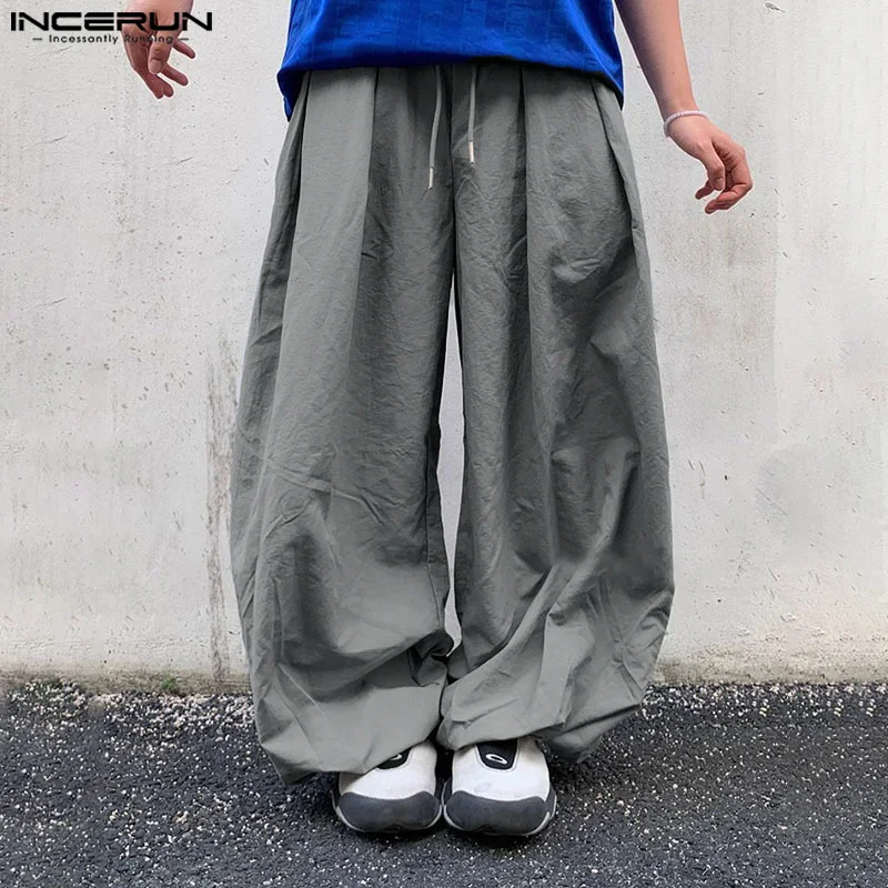 INCERUN 2024 Korean Style Trousers Men's Pleated Splicing Wide Leg Pantalons Casual Simple Male Solid Drawstring Long Pant S-5XL 3