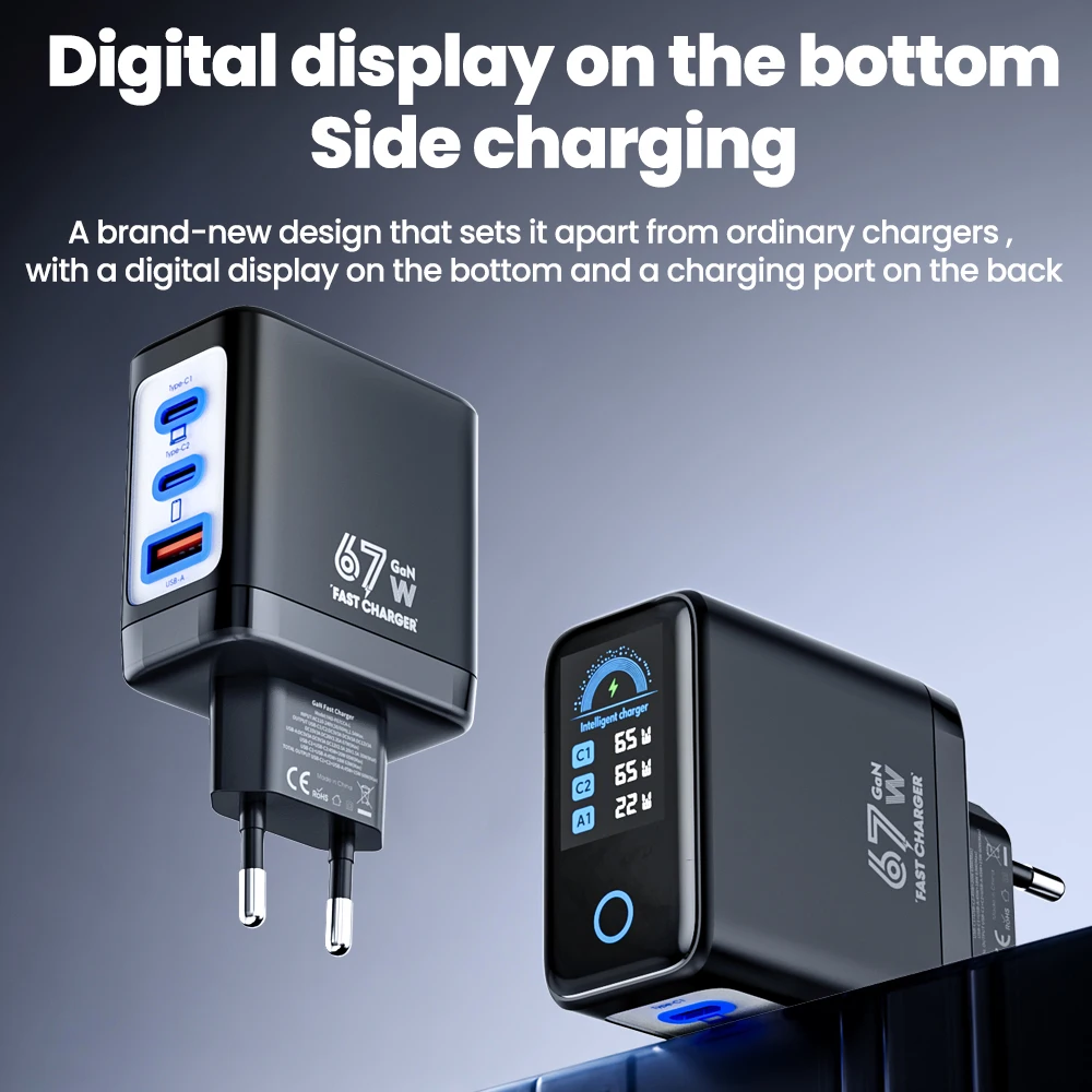67W GaN USB-C Fast Charging Wall Charger with LCD Display - Portable Travel Charger