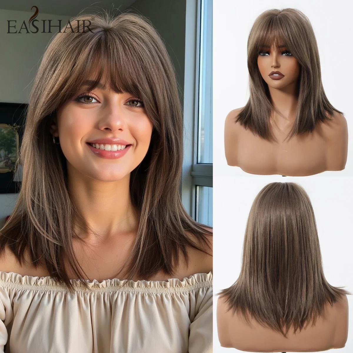 EASIHAIR Short Ash Brown Straight Synthetic Wig with Bangs Shoulder Length Natural Hair Cosplay Wigs for Women Heat Resistant
