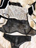Ensemble de Lingerie Sexy en dentelle brodée de fleurs pour femmes, soutien-gorge français Ultra-fin en maille transparente, décoration détachable, sous-vêtements en chaîne 1