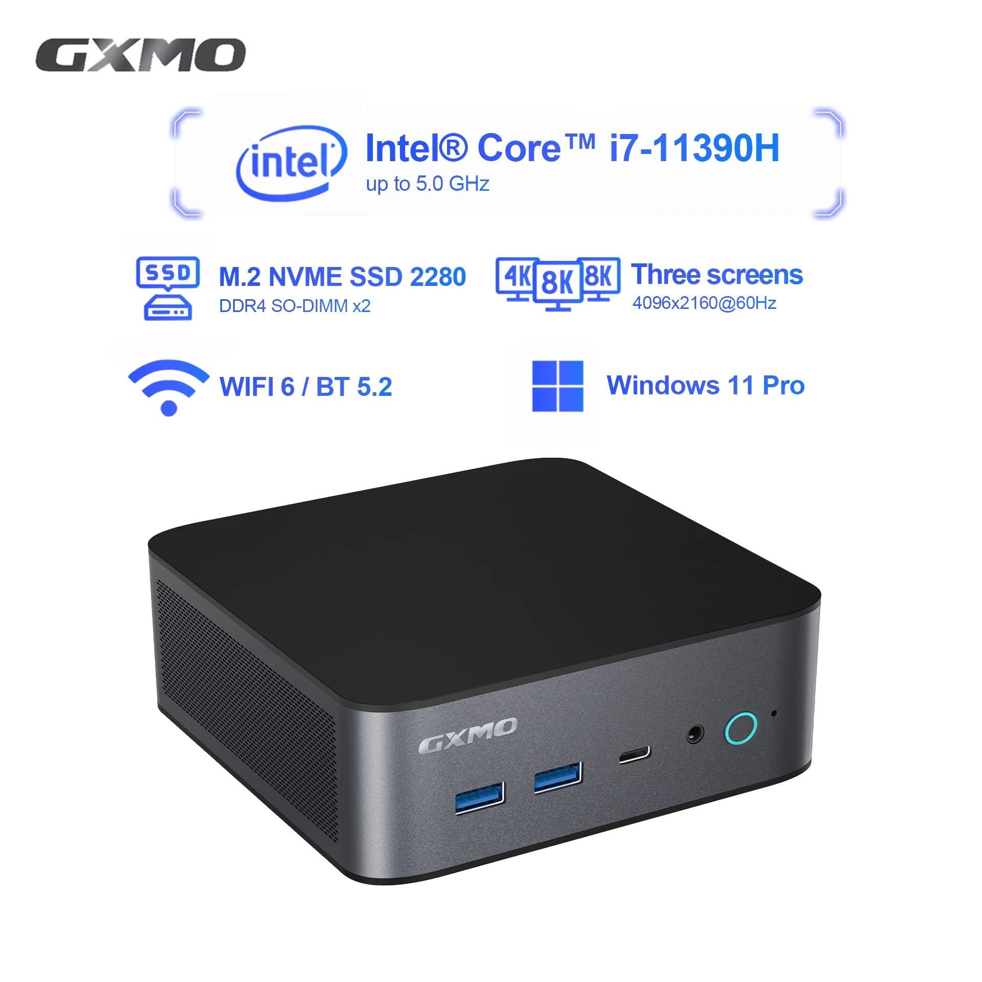 

GXMO Mini PC Type-C Thunderbolt ™ 4, Wi-Fi 6 Mini Computer M.2 NVME SSD Gaming Mini PC, Intel Core i7-11390H (5 GHz) PC Mini