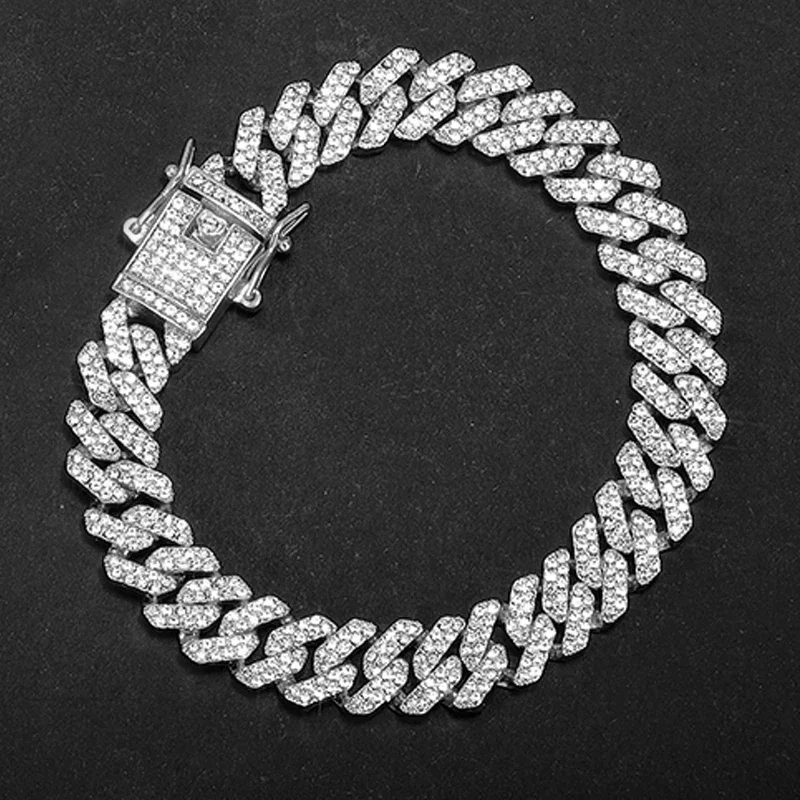 

*HipHop Men Women 12MM Prong Cuban Link Chain Bracelet Bling Iced Out 2 Row Rhinestone Paved Miami Rhombus Cuban Chain Jewelry